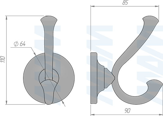 Размеры двухрожкового крючка (HK.38)
