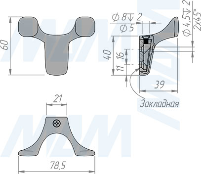 Размеры двухрожкового крючка (HK.39)