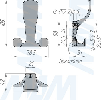 Размеры трехрожкового крючка (HK.40)