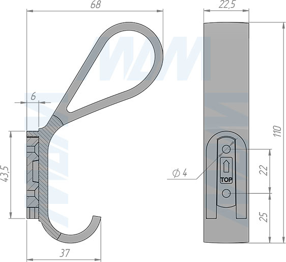 Размеры двухрожкового крючка (HK.43)