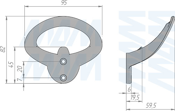 Размеры двухрожкового крючка (HK.44)