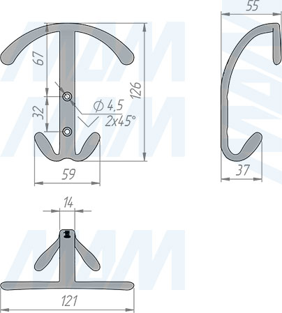 Размеры трехрожкового крючка (HK.47)