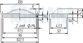 Размеры ручки-раковины FUENTE с межцентровым расстоянием 96 мм (артикул MD15.096)
