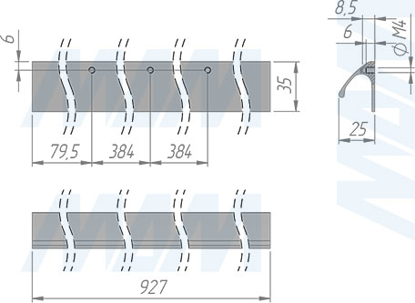 Размеры профиль-ручки, длина 927 мм, межцентровое расстояние 384/768 мм (артикул PH.RU30.927)