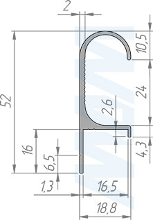 Размеры профиль-ручки для фасада толщиной 16 мм с креплением на саморезы (артикул PH.RU33)