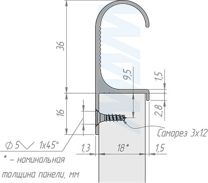 Установка профиль-ручки для фасада толщиной 18 мм с креплением на саморезы (артикул PH.RU34)