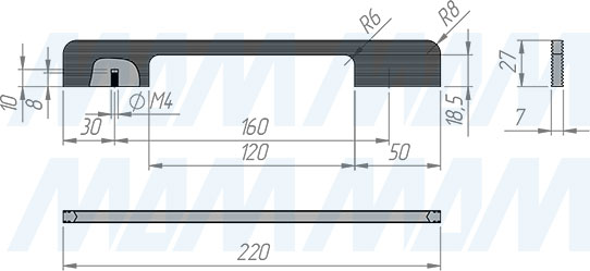 Размеры профиль-ручки с межцентровым расстоянием 160 мм  (длина 220 мм) (артикул PH.RU42.220)