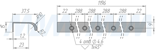 Размеры профиль-ручки с креплением саморезами под фасад шириной 1200 мм (артикул PH.RU43.1200.GR)