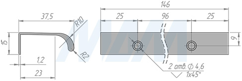 Размеры профиль-ручки с креплением саморезами под фасад шириной 150 мм (артикул PH.RU43.150.AL)