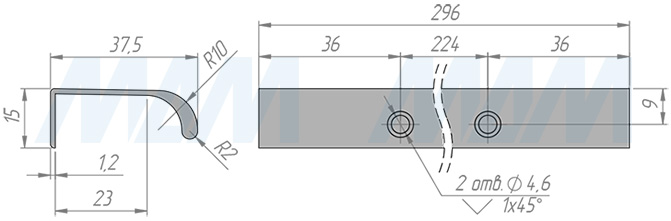 Размеры профиль-ручки с креплением саморезами под фасад шириной 300 мм (артикул PH.RU43.300.BL)