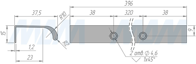Размеры профиль-ручки с креплением саморезами под фасад шириной 400 мм (артикул PH.RU43.400.GL)