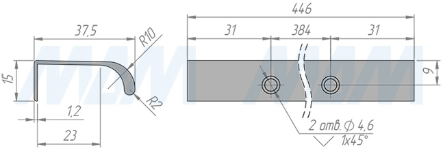 Размеры профиль-ручки с креплением саморезами под фасад шириной 450 мм (артикул PH.RU43.450.AL)