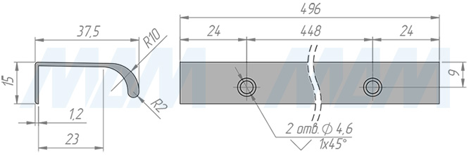 Размеры профиль-ручки с креплением саморезами под фасад шириной 500 мм (артикул PH.RU43.500.GR)