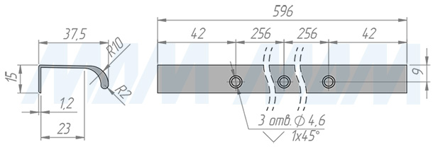 Размеры профиль-ручки с креплением саморезами под фасад шириной 600 мм (артикул PH.RU43.600.GR)