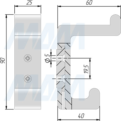 Размеры двухрожкового крючка PROFILE (артикул PRF)