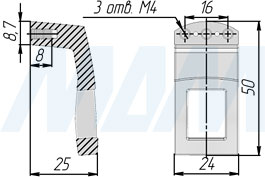 Размеры ручки-кнопки QUADRA с межцентровым расстоянием 16 мм (артикул RG08)