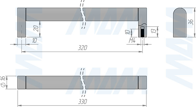 Размеры ручки-рейлинга с межцентровым расстоянием 320 мм (артикул RH.07.320)