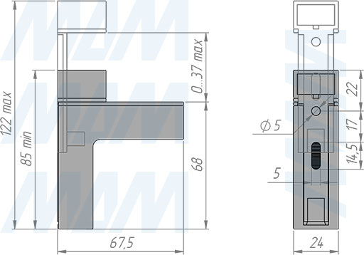Размеры менсолодержателя КВАДРО МИДИ для деревянных и стеклянных полок толщиной 0-37 мм (артикул SHH.02)