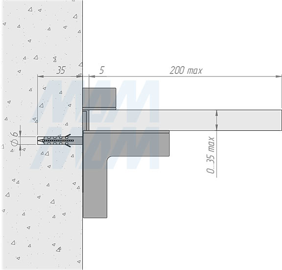 Установка менсолодержателя КВАДРО МИДИ для деревянных и стеклянных полок толщиной 0-37 мм (артикул SHH.02). схема 2