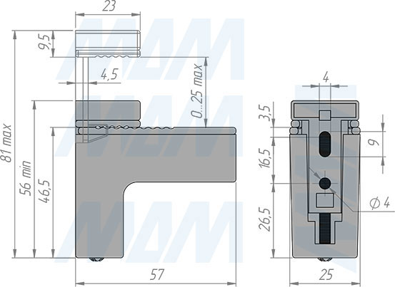 Размеры менсолодержателя КВАДРО МИНИ для деревянных и стеклянных полок толщиной 0-25 мм (артикул SHH.03)