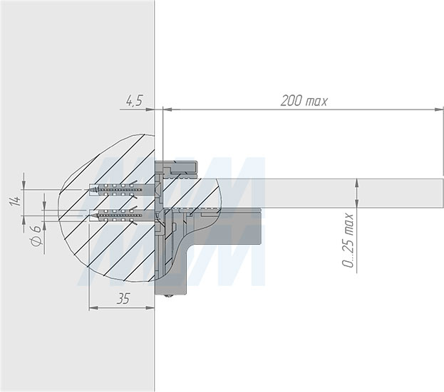 Установка менсолодержателя КВАДРО МИНИ для деревянных и стеклянных полок толщиной 0-25 мм (артикул SHH.03). схема 2