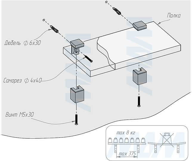 Установка менсолодержателя КВАДРО для деревянных и стеклянных полок толщиной 0-20 мм (артикул SHH.04). схема 1
