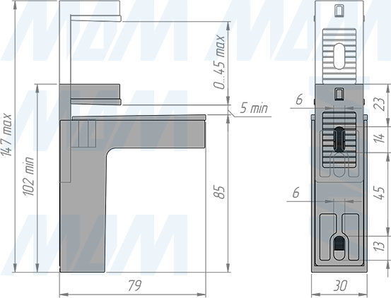 Размеры менсолодержателя КВАДРО МАКСИ для деревянных и стеклянных полок толщиной 0-45 мм (артикул SHH.05)