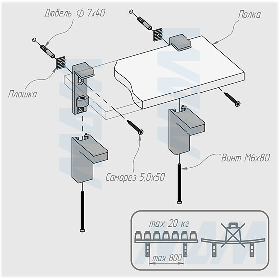Установка менсолодержателя КВАДРО МАКСИ для деревянных и стеклянных полок толщиной 0-45 мм (артикул SHH.05). схема 1
