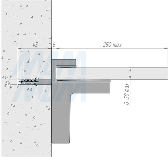 Установка менсолодержателя КВАДРО МАКСИ для деревянных и стеклянных полок толщиной 0-45 мм (артикул SHH.05). схема 2