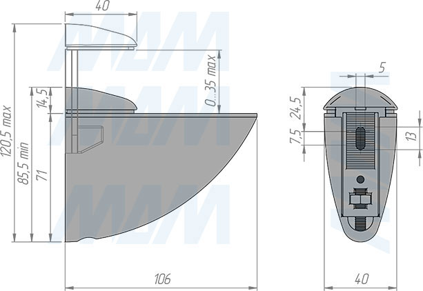 Размеры менсолодержателя ПЕЛИКАН для деревянных и стеклянных полок толщиной 0-35 мм (артикул SHH.06)