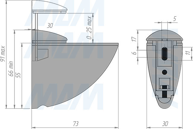 Размеры менсолодержателя ПЕЛИКАН для деревянных и стеклянных полок толщиной 0-25 мм (артикул SHH.07)