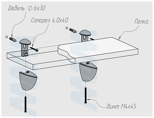 Установка менсолодержателя ПЕЛИКАН для деревянных и стеклянных полок толщиной 0-25 мм (артикул SHH.07). схема 1