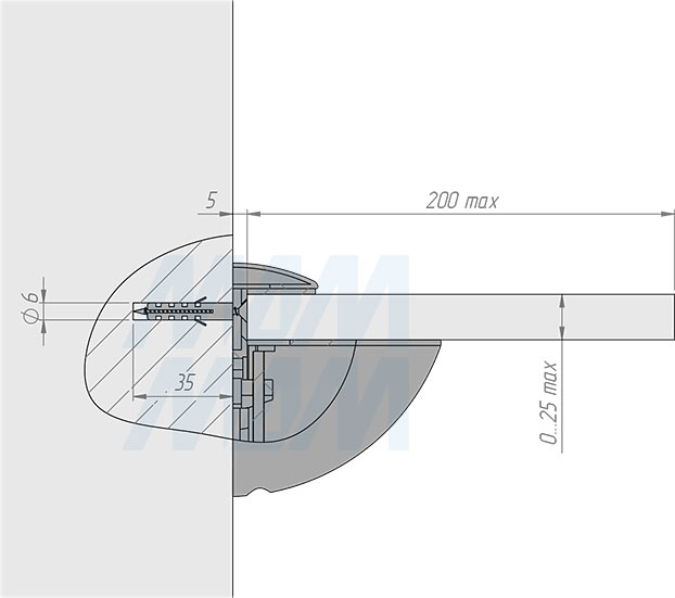 Установка менсолодержателя ПЕЛИКАН для деревянных и стеклянных полок толщиной 0-25 мм (артикул SHH.07). схема 2