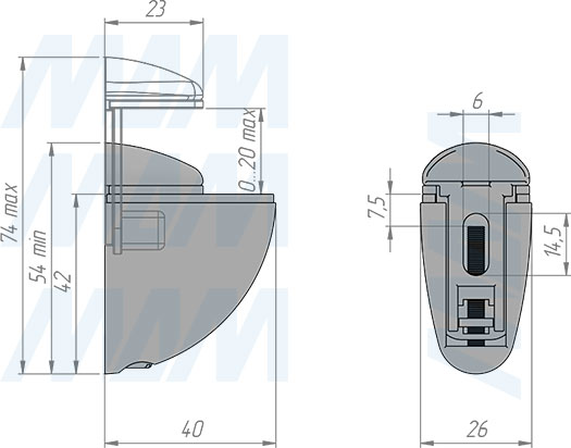 Размеры менсолодержателя ПЕЛИКАН для деревянных и стеклянных полок толщиной 0-20 мм (артикул SHH.08)