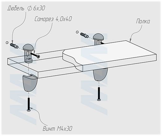 Установка менсолодержателя ПЕЛИКАН для деревянных и стеклянных полок толщиной 0-20 мм (артикул SHH.08). схема 1
