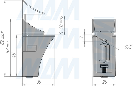 Размеры менсолодержателя для деревянных и стеклянных полок толщиной 0-20 мм (артикул SHH.09)