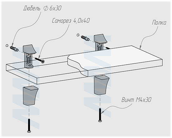 Установка менсолодержателя для деревянных и стеклянных полок толщиной 0-20 мм (артикул SHH.09). схема 1