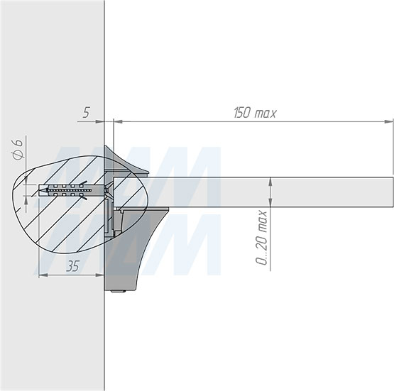 Установка менсолодержателя для деревянных и стеклянных полок толщиной 0-20 мм (артикул SHH.09). схема 2