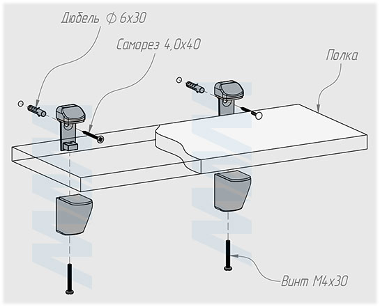 Установка менсолодержателя ПЕЛИКАН для деревянных и стеклянных полок толщиной 0-20 мм (артикул SHH.10). схема 1