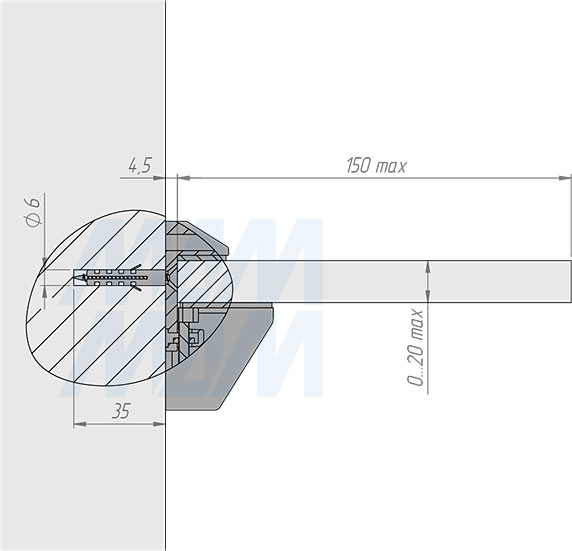 Установка менсолодержателя ПЕЛИКАН для деревянных и стеклянных полок толщиной 0-20 мм (артикул SHH.10). схема 2