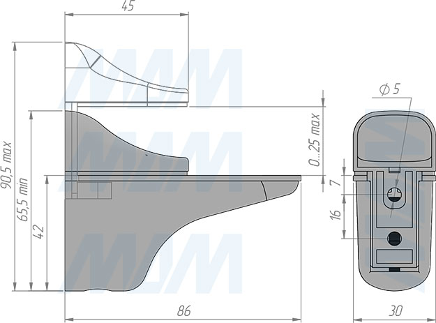 Размеры менсолодержателя ПЕЛИКАН для деревянных и стеклянных полок толщиной 0-25 мм (артикул SHH.11)