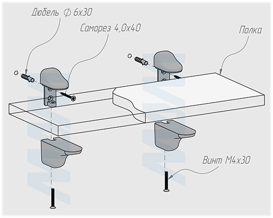 Установка менсолодержателя ПЕЛИКАН для деревянных и стеклянных полок толщиной 0-25 мм (артикул SHH.11). схема 1