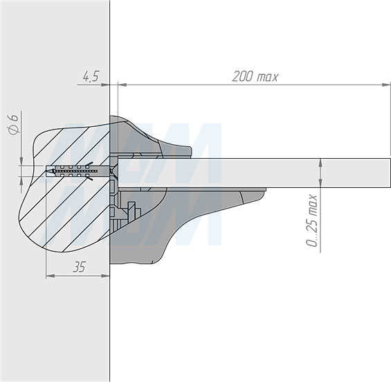 Установка менсолодержателя ПЕЛИКАН для деревянных и стеклянных полок толщиной 0-25 мм (артикул SHH.11). схема 2