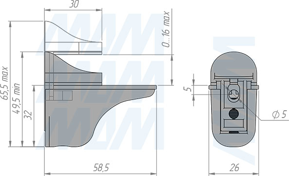 Размеры менсолодержателя ПЕЛИКАН для деревянных и стеклянных полок толщиной 0-16 мм (артикул SHH.12)
