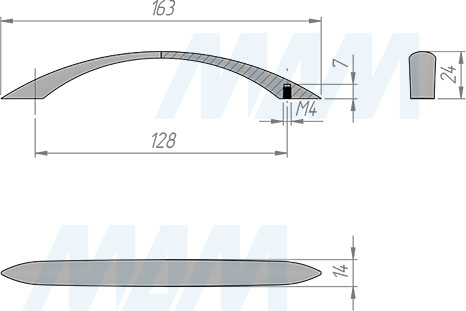 Размеры ручки-скобы с межцентровым расстоянием 128 мм (артикул U-001-128)