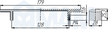 Размеры ручки-скобы с межцентровым расстоянием 128 мм (артикул UN47)