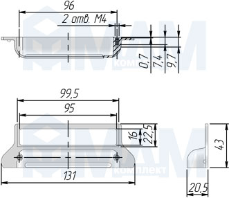 Размеры ручки-раковины FRAME с межцентровым расстоянием 96 мм (артикул UP12)