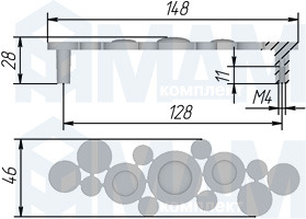 Размеры ручки-скобы VULCAN с межцентровым расстоянием 128 мм (артикул VLC.128K)