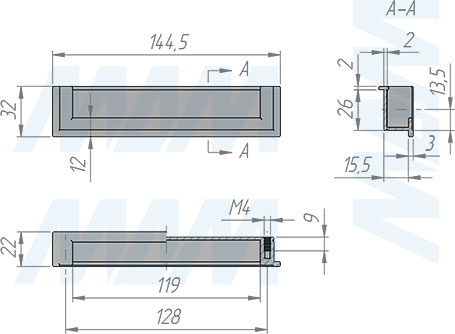 Размеры ручки-раковины с межцентровым расстоянием 128 мм (артикул WMN.554.128)