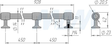 Размеры ручки-рейлинга с межцентровым расстоянием 450/900 мм (артикул WMN.692.900)